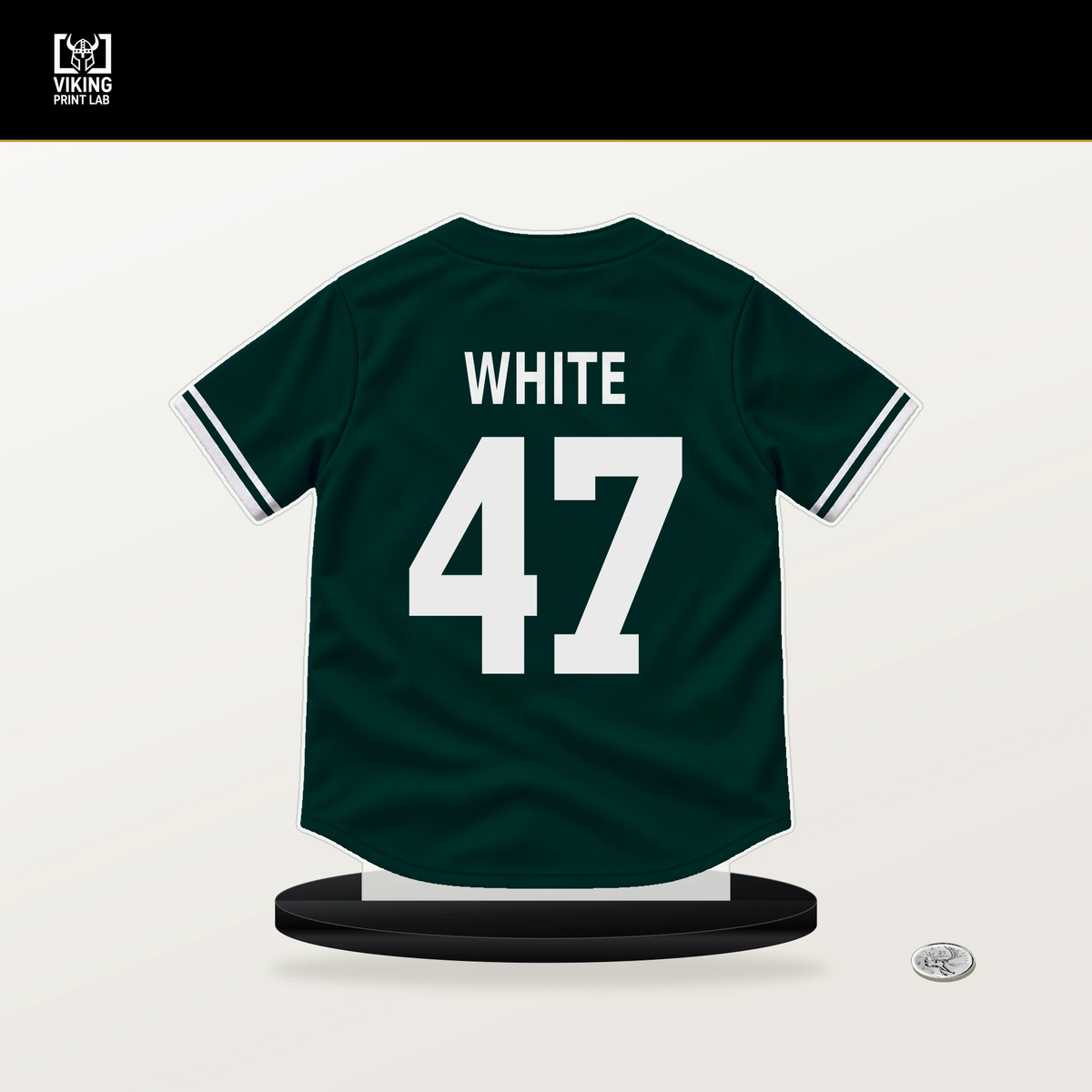 Tommy White number 47 Athletics jersey stand with included black base.