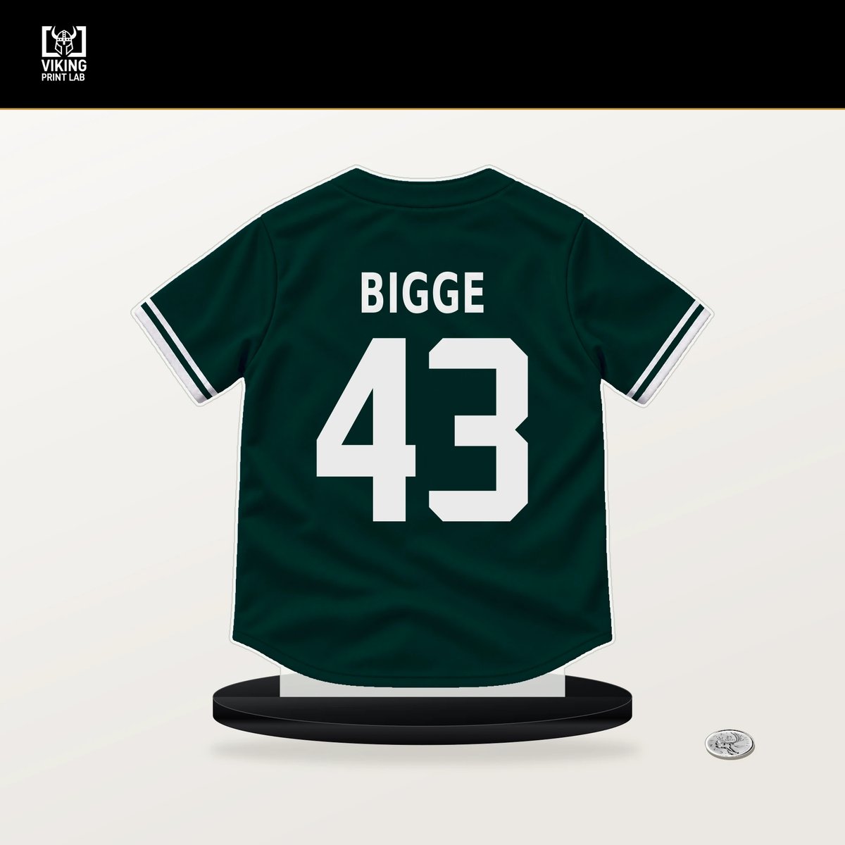 Hunter Bigge number 43 Athletics jersey stand with included black base.