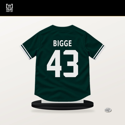 Hunter Bigge number 43 Athletics jersey stand with included black base.