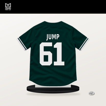 Gage Jump number 61 Athletics jersey stand with included black base.