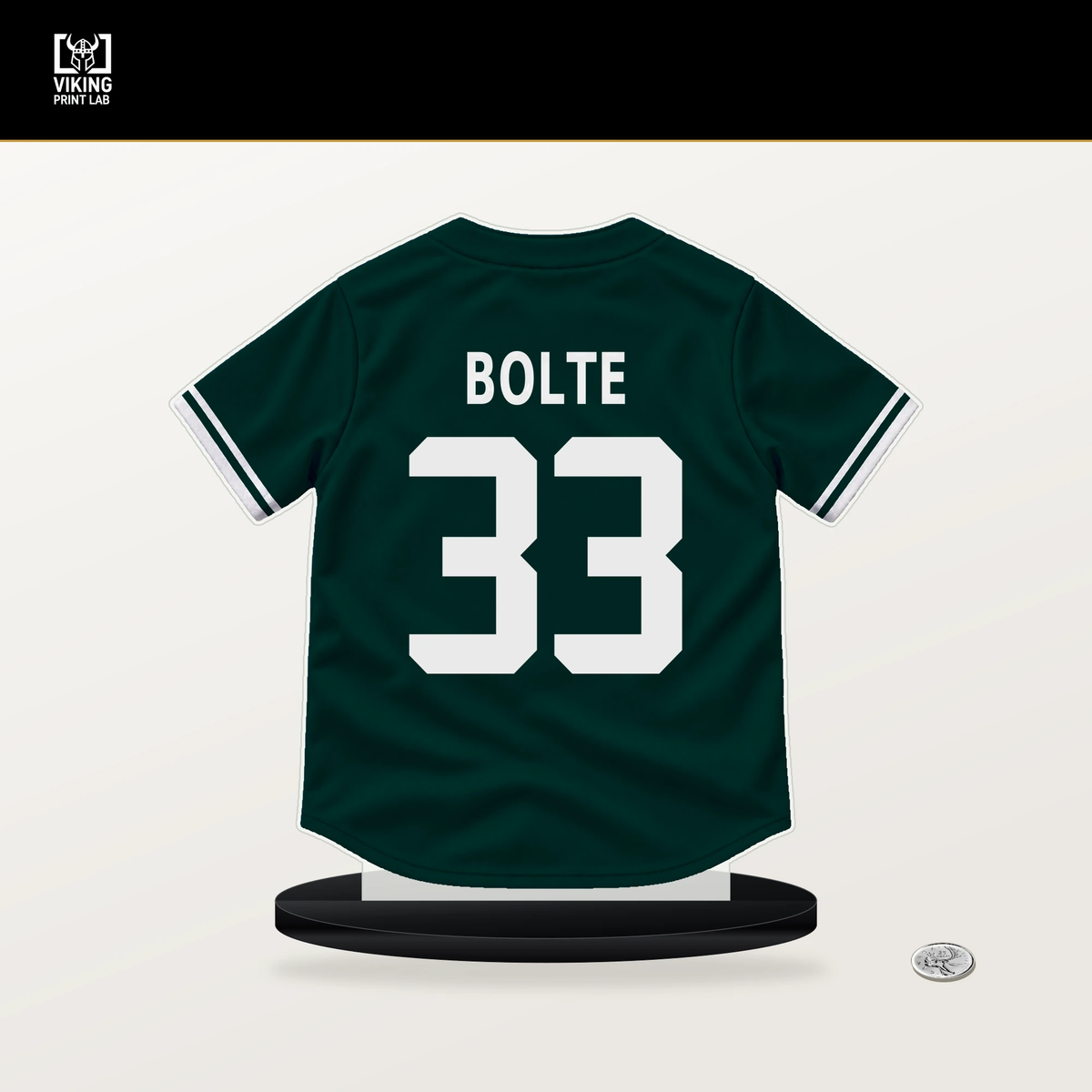 Henry Bolte number 33 Athletics jersey stand with included black base.