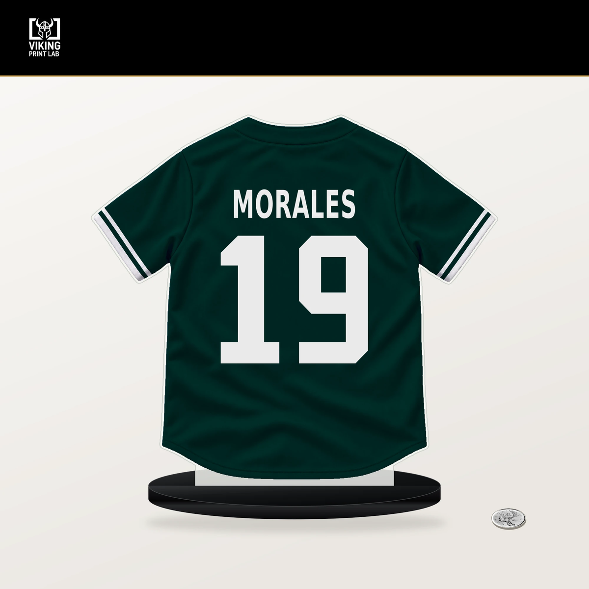 Luis Morales number 19 Athletics jersey stand with included black base.