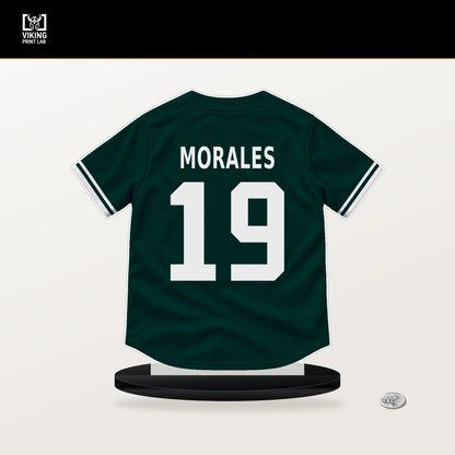 Luis Morales number 19 Athletics jersey stand with included black base.