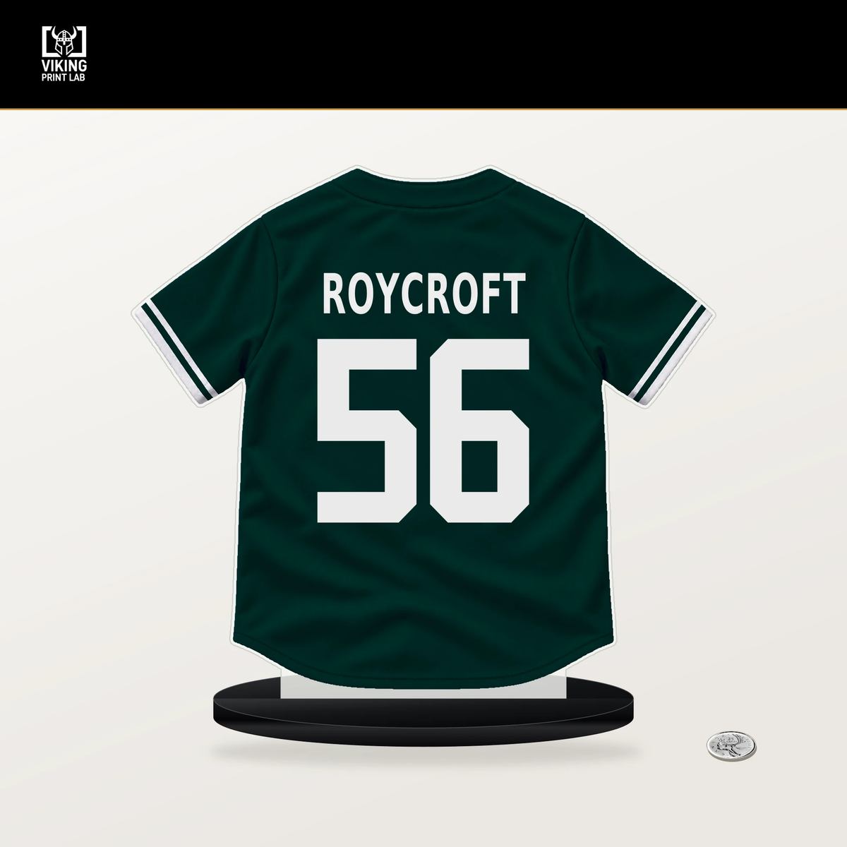 Chris Roycroft number 56 Athletics jersey stand with included black base.