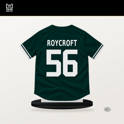 Chris Roycroft number 56 Athletics jersey stand with included black base.