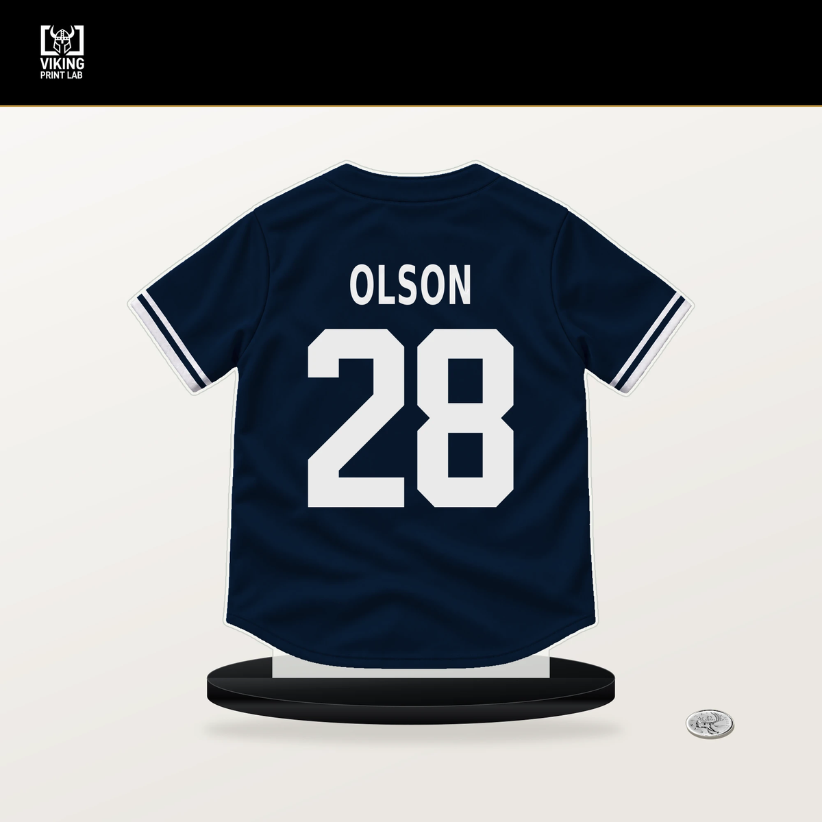 Matt Olson number 28 Atlanta Braves jersey stand with included black base.