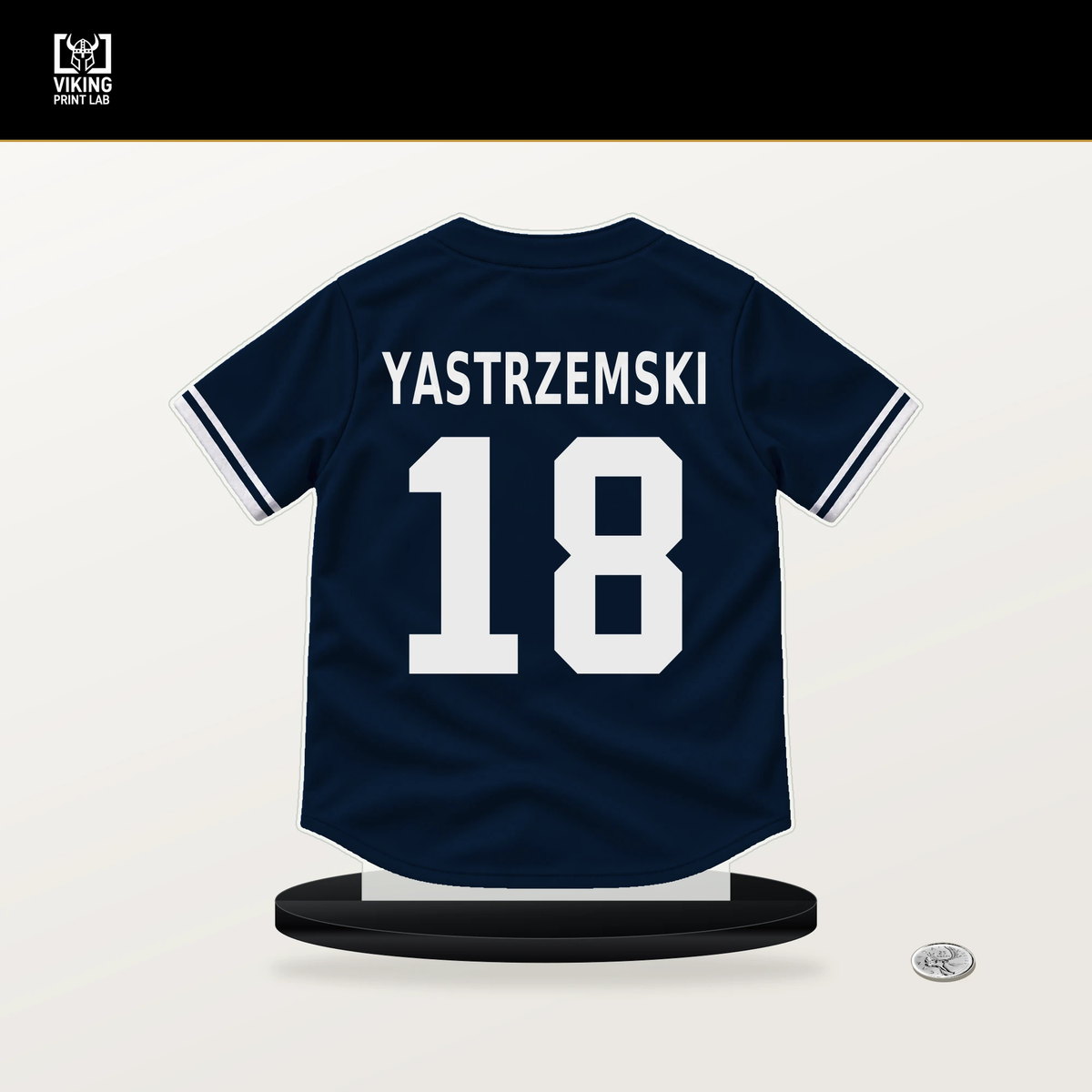 Mike Yastrzemski number 18 Atlanta Braves jersey stand with included black base.