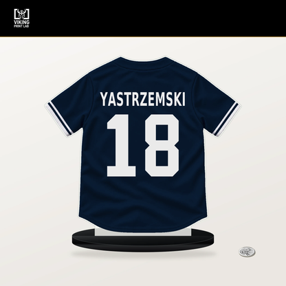 Mike Yastrzemski number 18 Atlanta Braves jersey stand with included black base.
