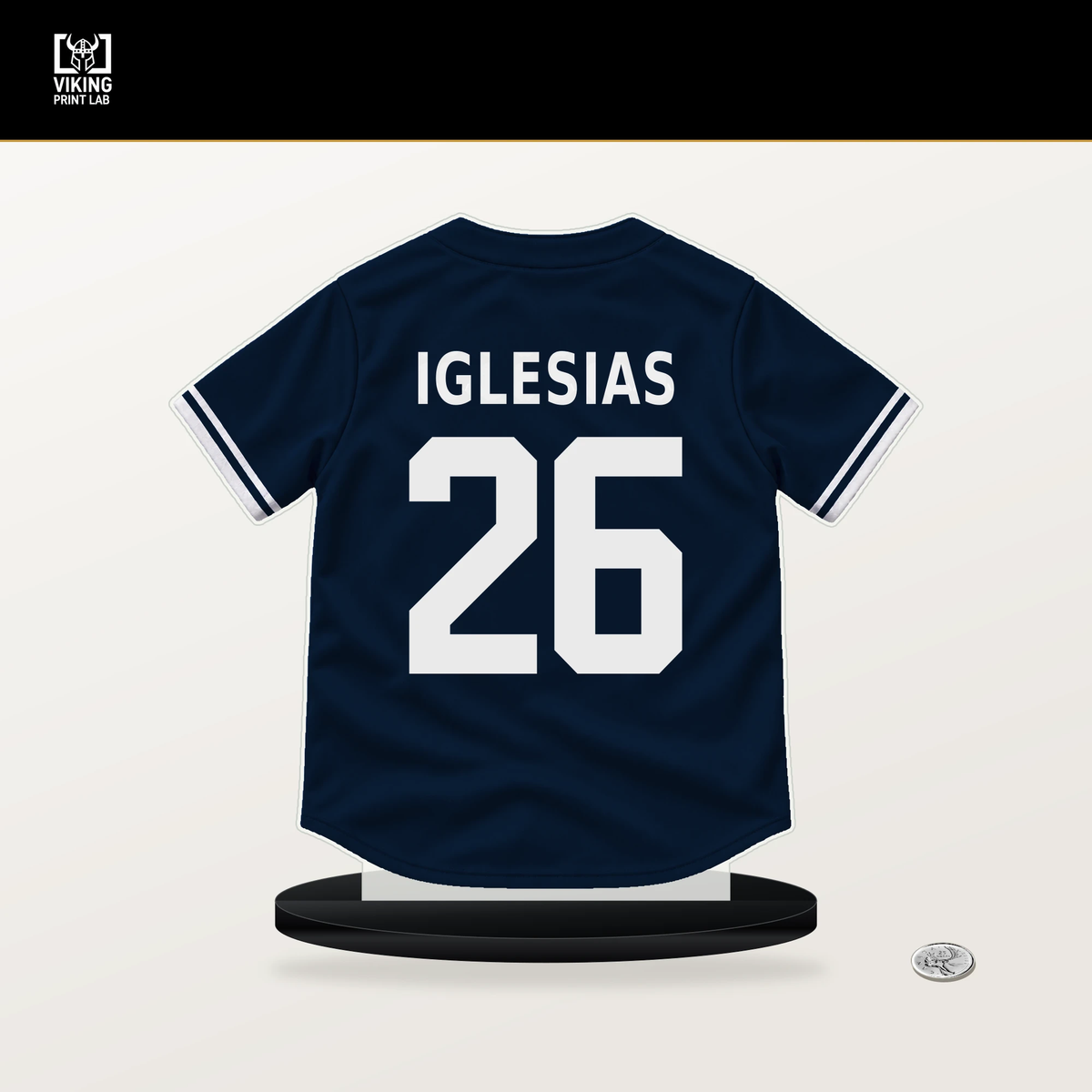 Raisel Iglesias number 26 Atlanta Braves jersey stand with included black base.