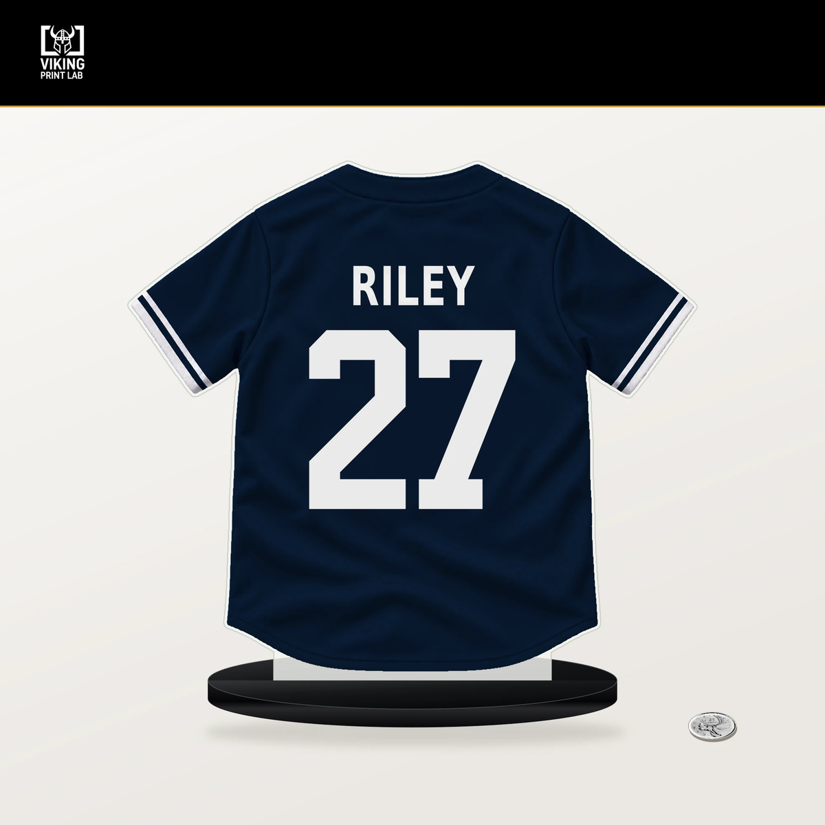 Austin Riley number 27 Atlanta Braves jersey stand with included black base.