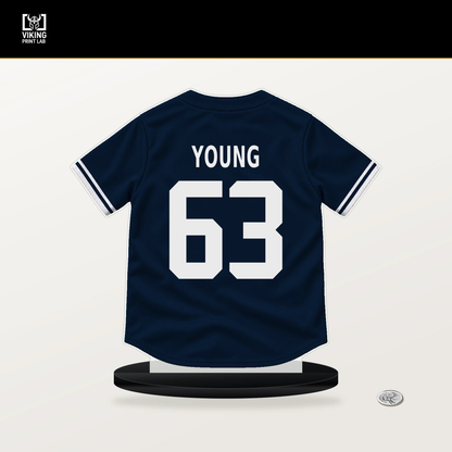 Danny Young number 63 Atlanta Braves jersey stand with included black base.