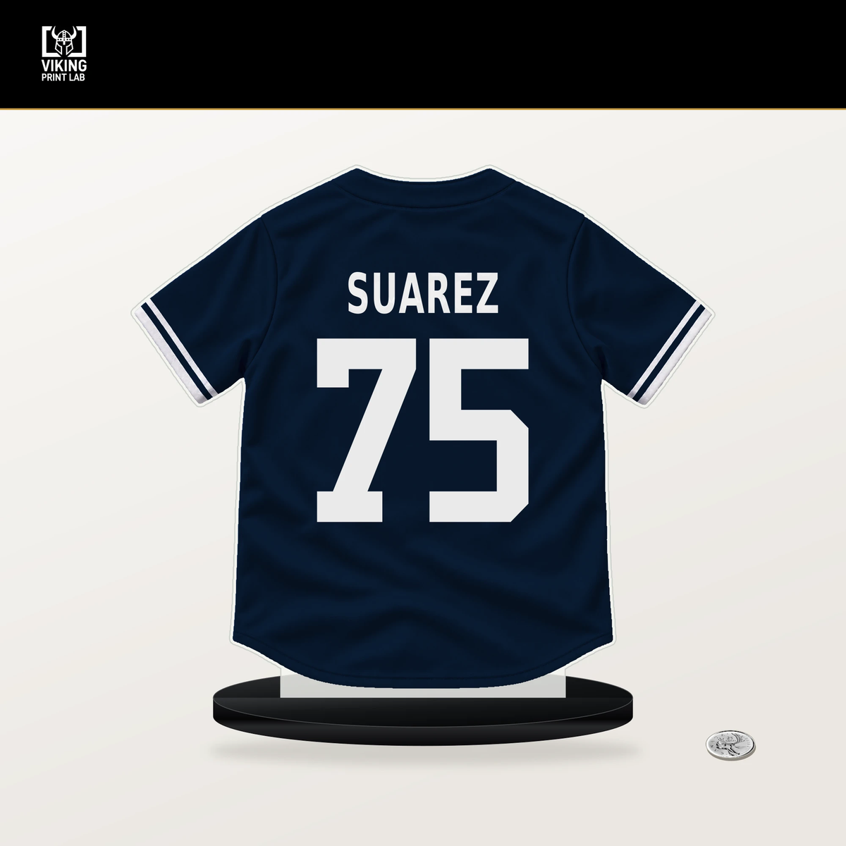 Robert Suarez number 75 Atlanta Braves jersey stand with included black base.