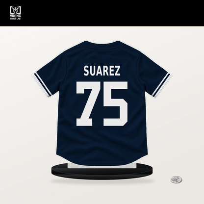 Robert Suarez number 75 Atlanta Braves jersey stand with included black base.
