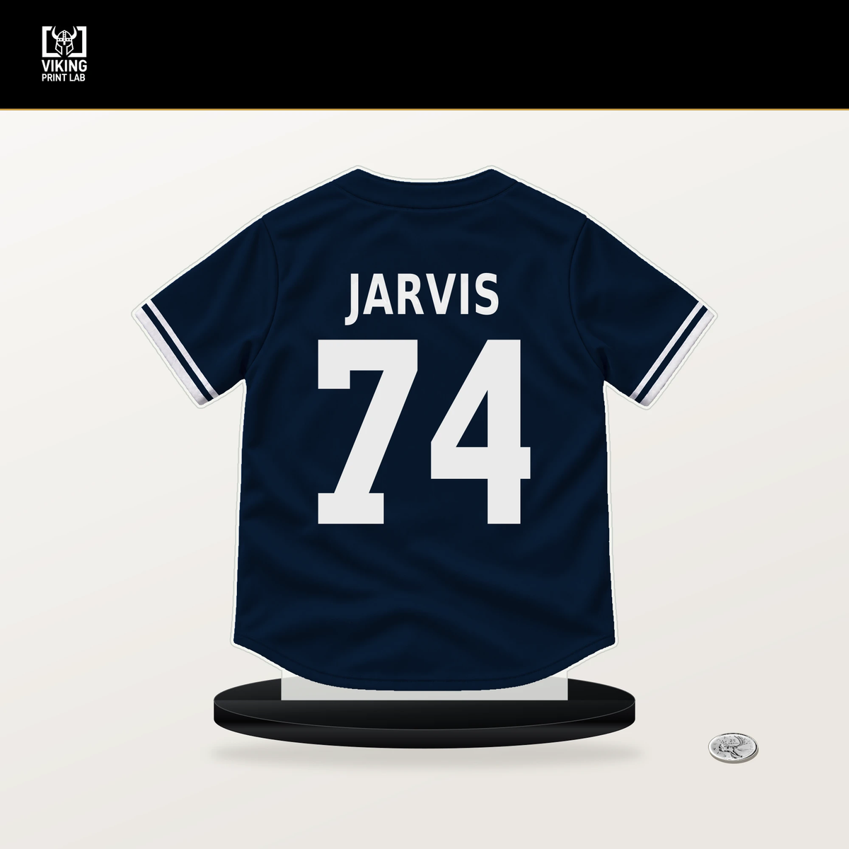 Jim Jarvis number 74 Atlanta Braves jersey stand with included black base.
