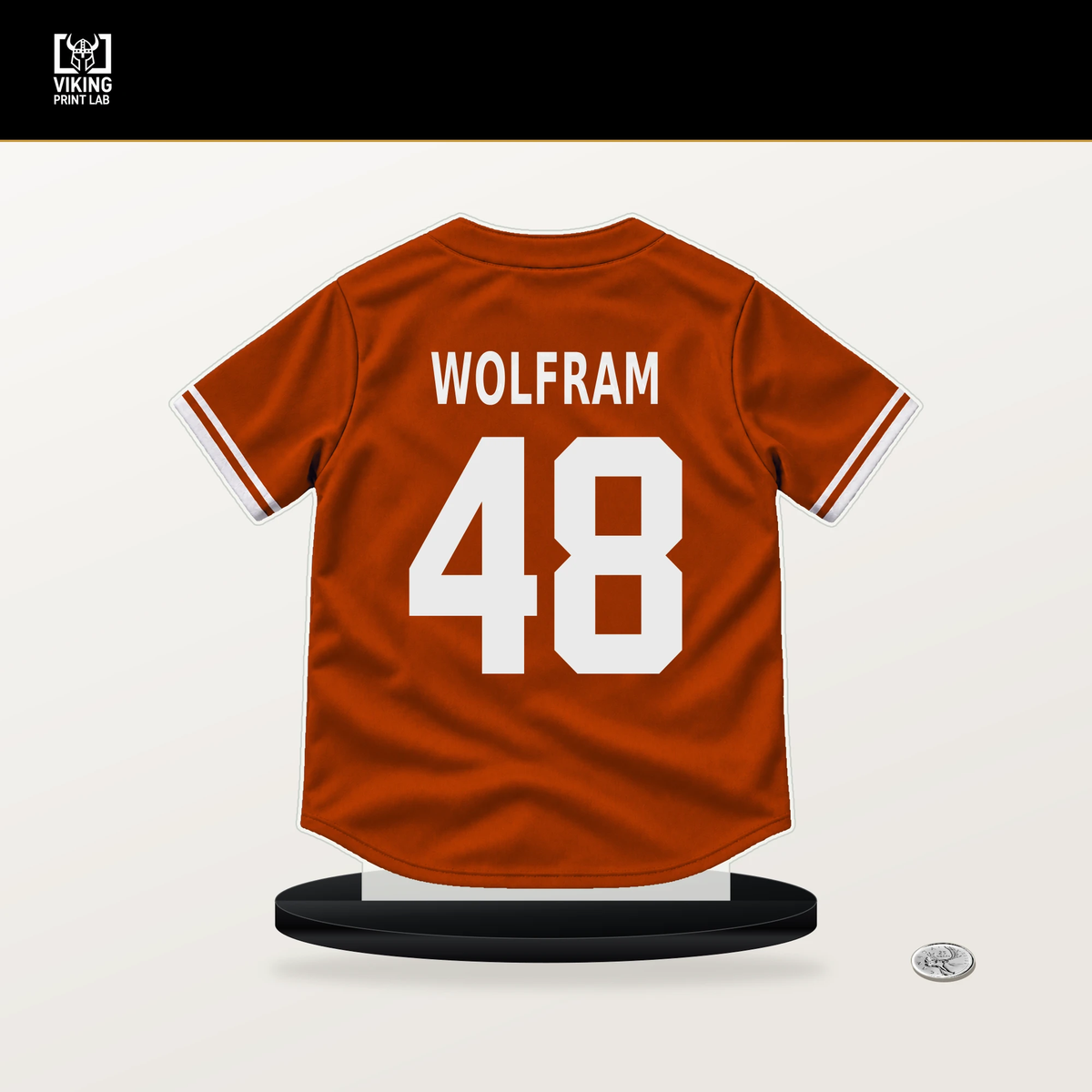 Grant Wolfram number 48 Baltimore Orioles jersey stand with included black base.