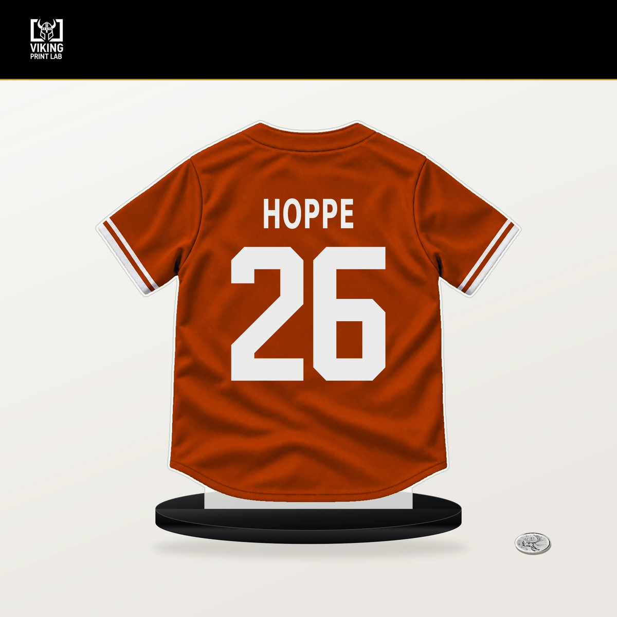 Alex Hoppe number 26 Baltimore Orioles jersey stand with included black base.