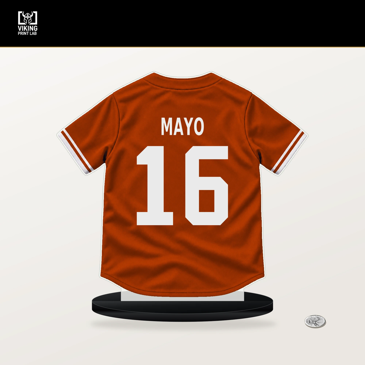 Coby Mayo number 16 Baltimore Orioles jersey stand with included black base.