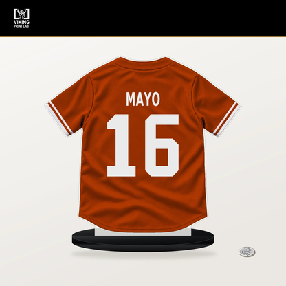 Coby Mayo number 16 Baltimore Orioles jersey stand with included black base.