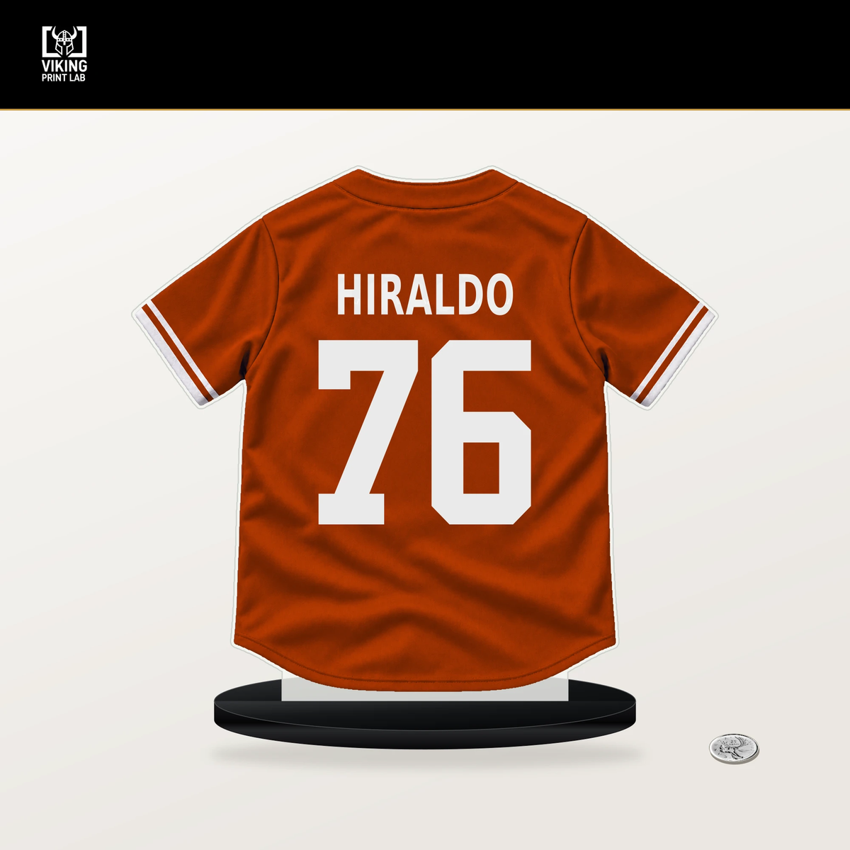 Yaramil Hiraldo number 76 Baltimore Orioles jersey stand with included black base.