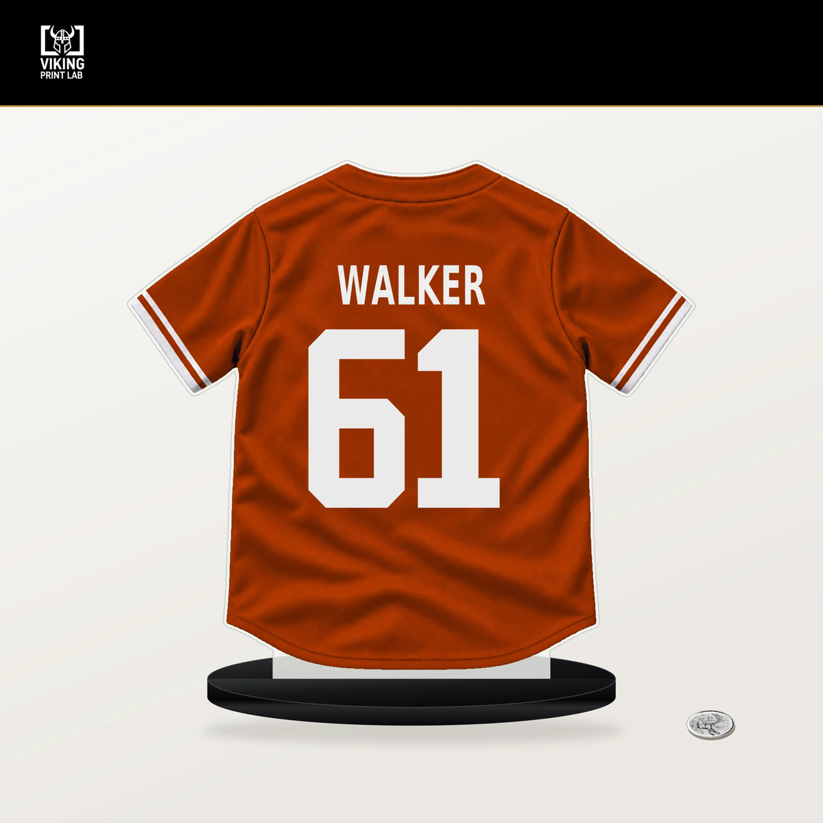 Josh Walker number 61 Baltimore Orioles jersey stand with included black base.