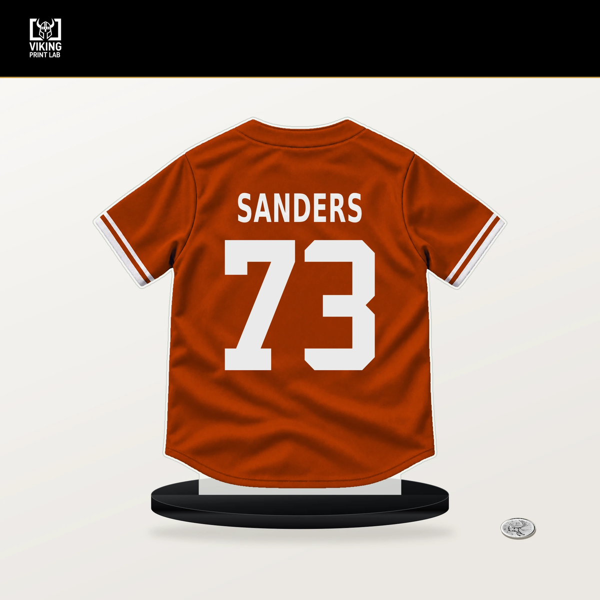 Cam Sanders number 73 Baltimore Orioles jersey stand with included black base.