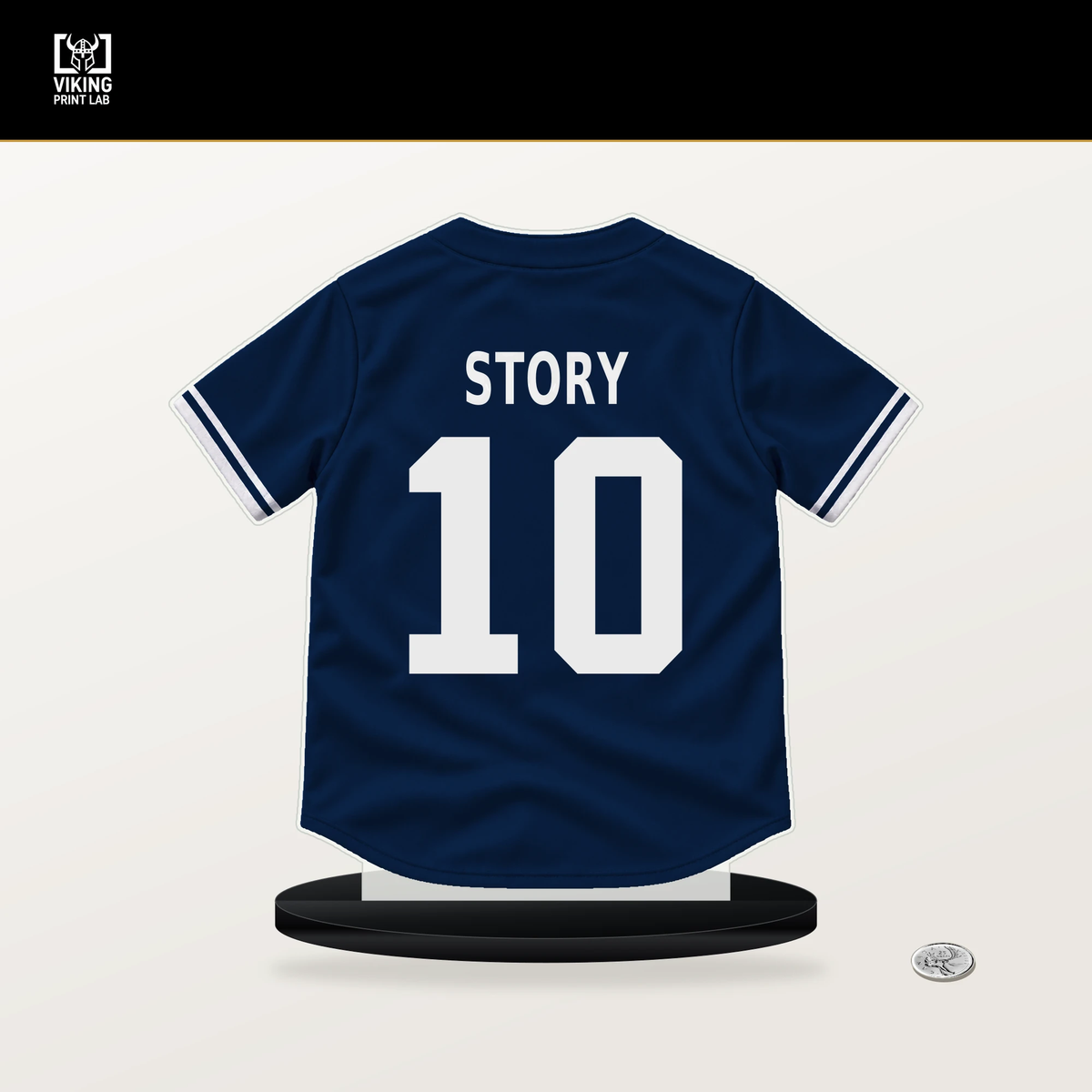 Trevor Story number 10 Boston Red Sox jersey stand with included black base.