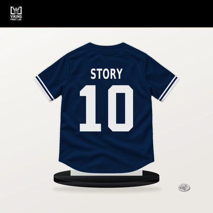 Trevor Story number 10 Boston Red Sox jersey stand with included black base.