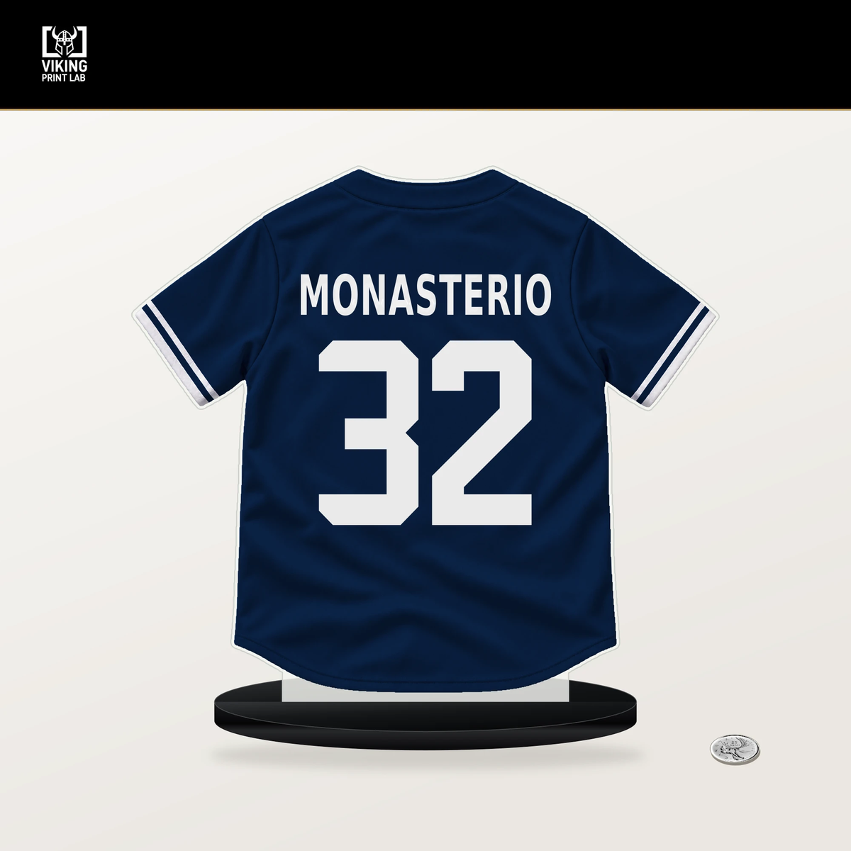 Andruw Monasterio number 32 Boston Red Sox jersey stand with included black base.