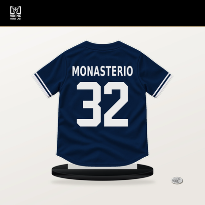 Andruw Monasterio number 32 Boston Red Sox jersey stand with included black base.