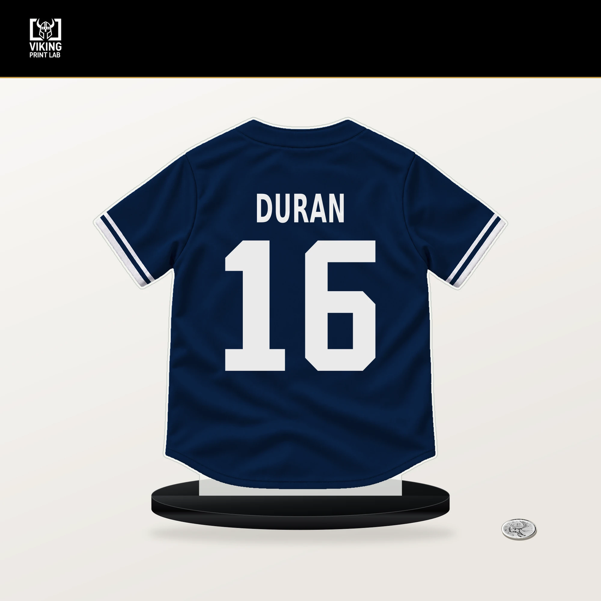 Jarren Duran number 16 Boston Red Sox jersey stand with included black base.