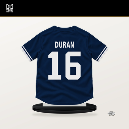 Jarren Duran number 16 Boston Red Sox jersey stand with included black base.
