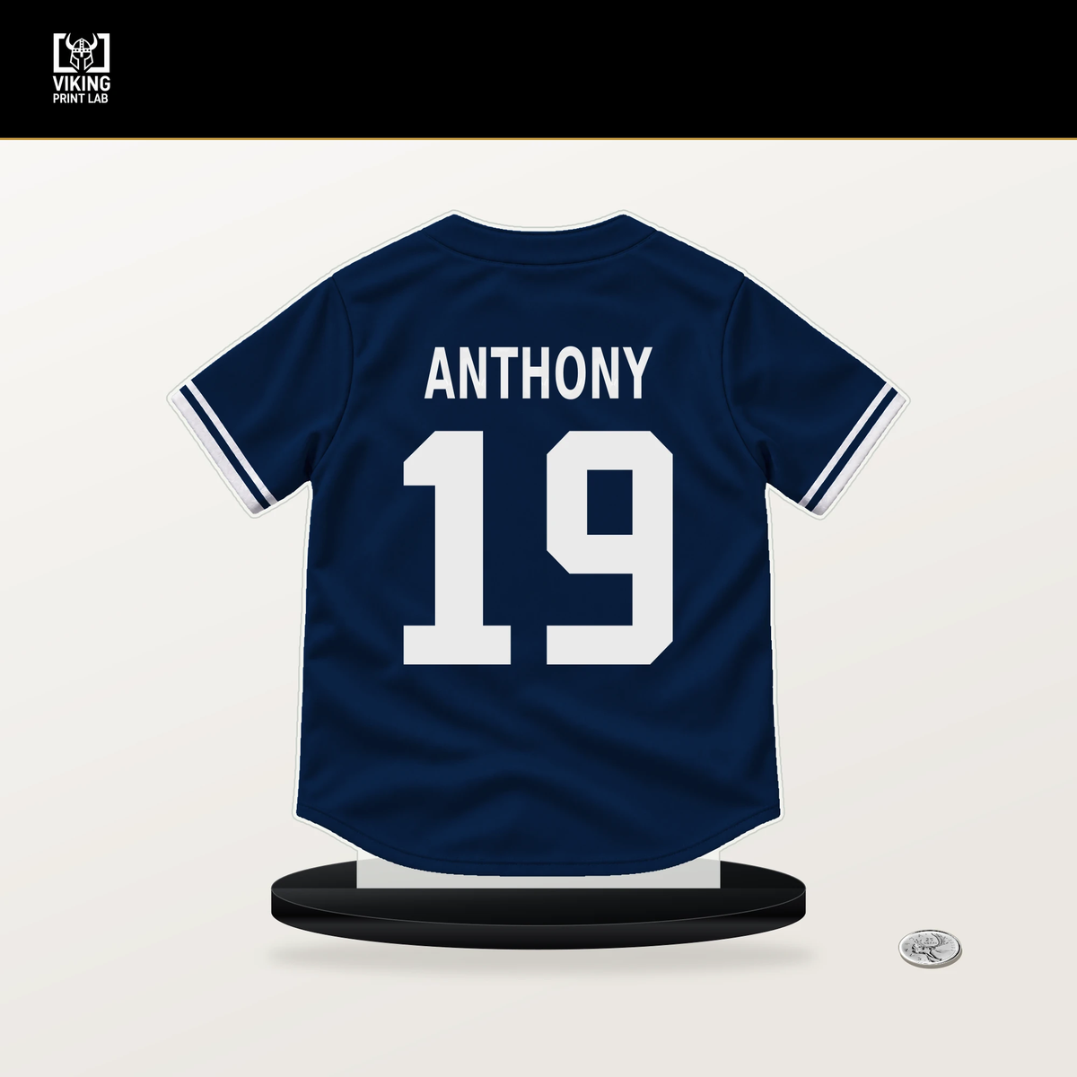 Roman Anthony number 19 Boston Red Sox jersey stand with included black base.