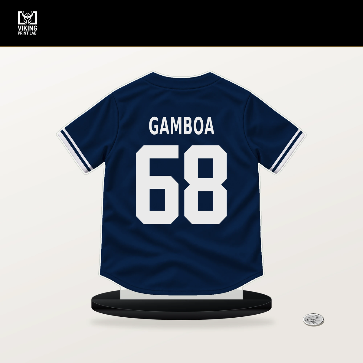 Alec Gamboa number 68 Boston Red Sox jersey stand with included black base.