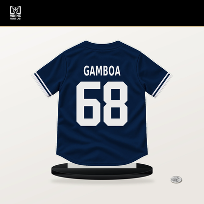 Alec Gamboa number 68 Boston Red Sox jersey stand with included black base.