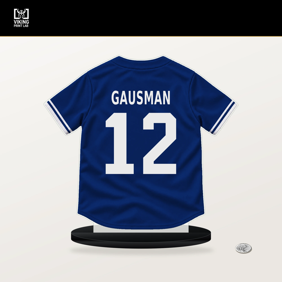 Kevin Gausman number 12 Chicago Cubs jersey stand with included black base.