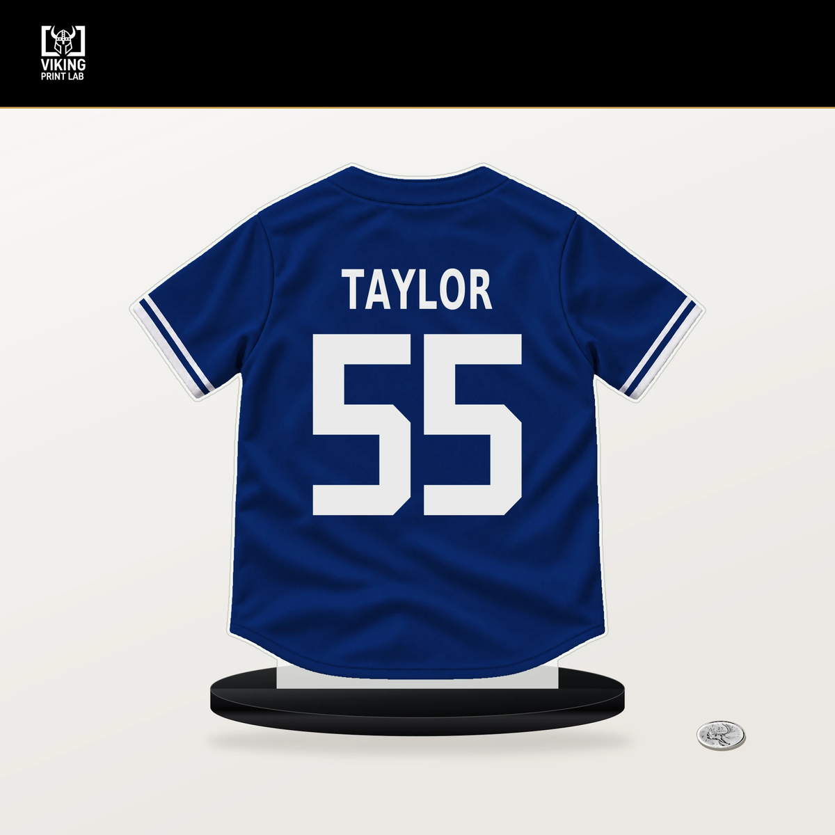 Tyrone Taylor number 55 Chicago Cubs jersey stand with included black base.