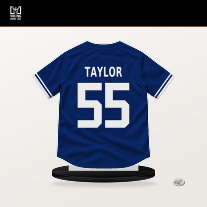 Tyrone Taylor number 55 Chicago Cubs jersey stand with included black base.