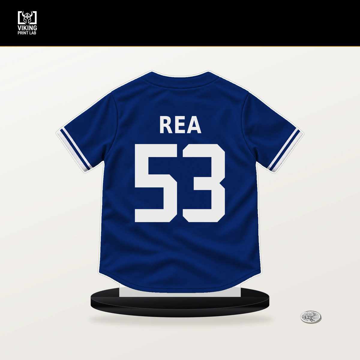 Colin Rea number 53 Chicago Cubs jersey stand with included black base.