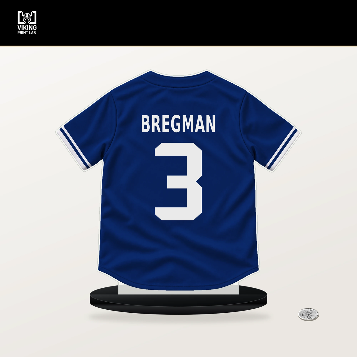 Alex Bregman number 3 Chicago Cubs jersey stand with included black base.