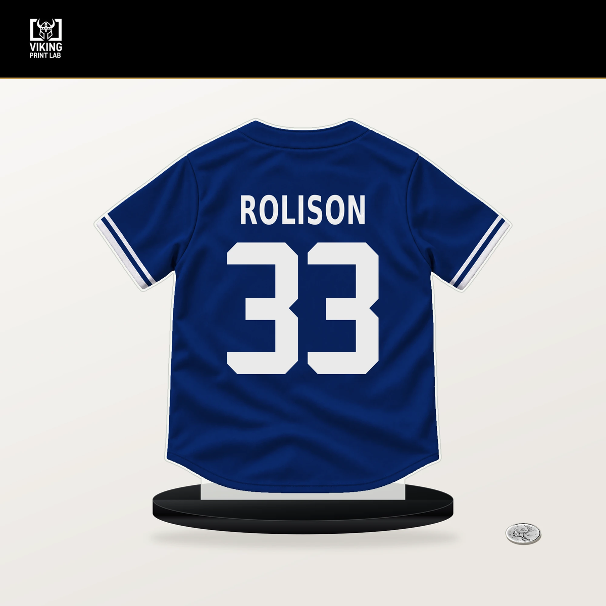 Ryan Rolison number 33 Chicago Cubs jersey stand with included black base.