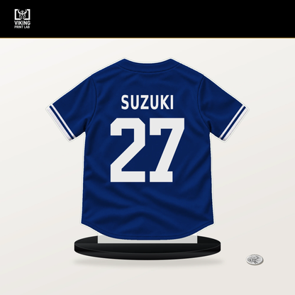 Seiya Suzuki number 27 Chicago Cubs jersey stand with included black base.