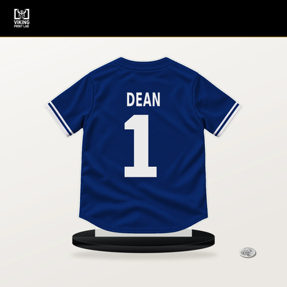 Justin Dean number 1 Chicago Cubs jersey stand with included black base.
