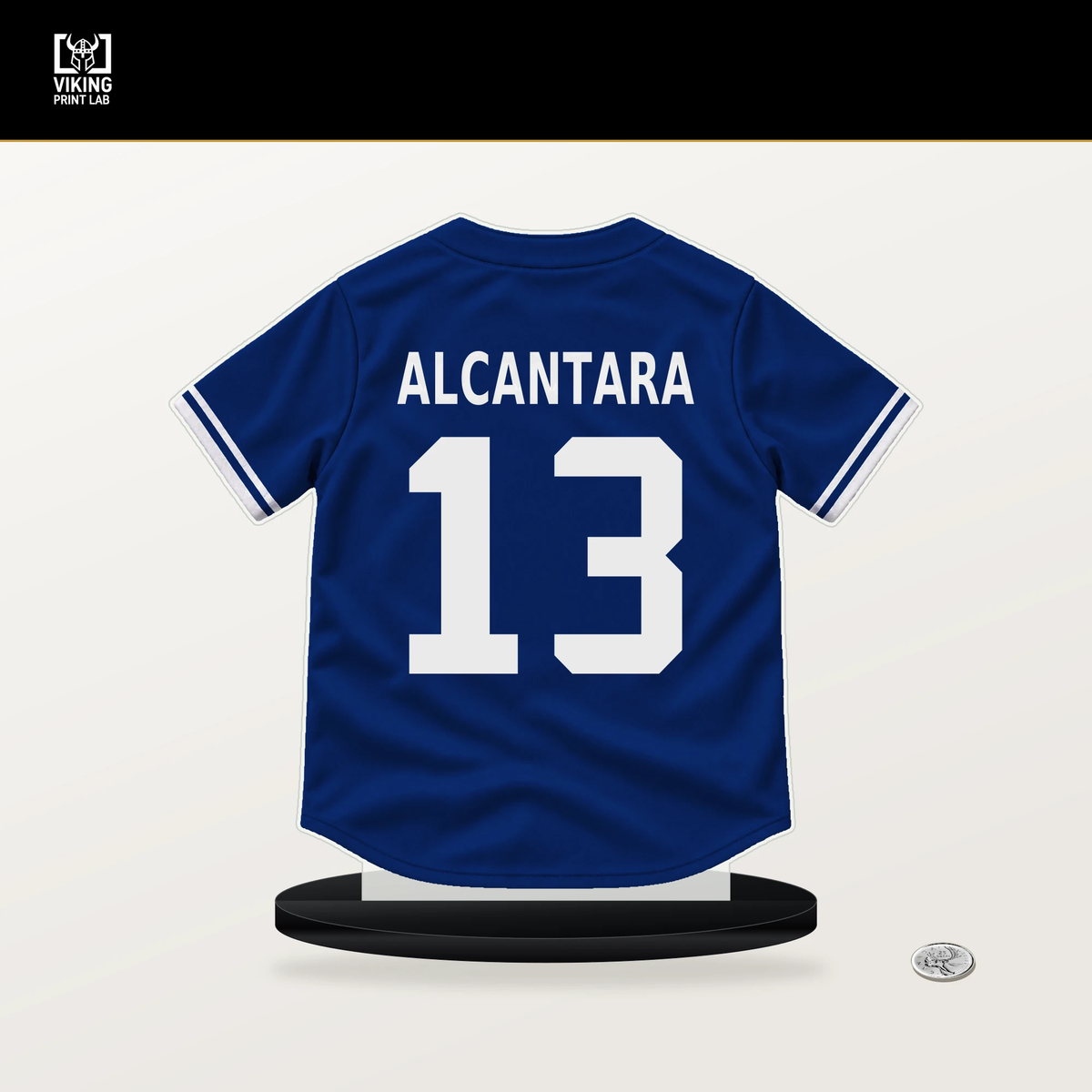 Kevin Alcantara number 13 Chicago Cubs jersey stand with included black base.