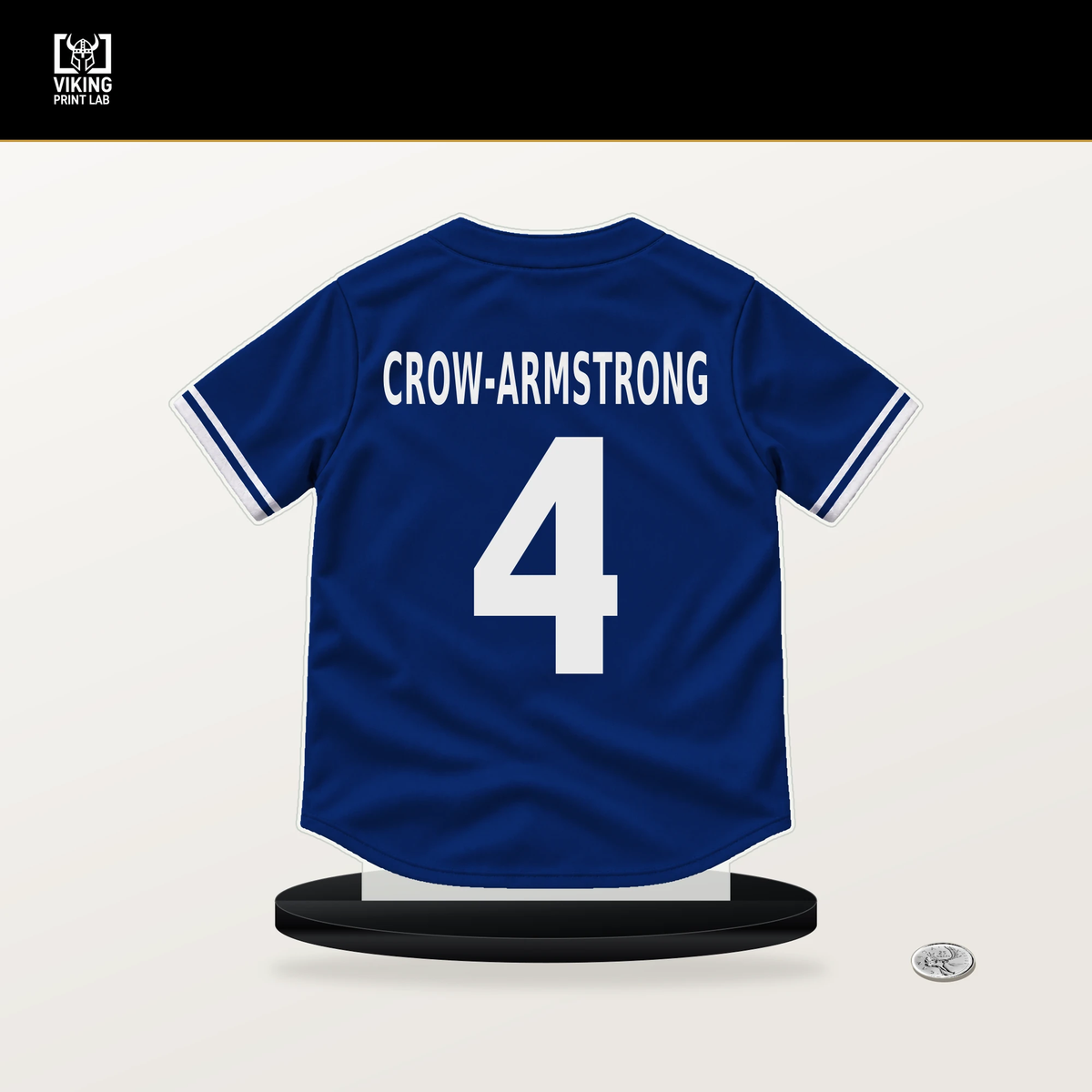 Pete Crow-Armstrong number 4 Chicago Cubs jersey stand with included black base.