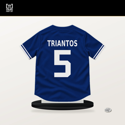 James Triantos number 5 Chicago Cubs jersey stand with included black base.