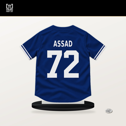 Javier Assad number 72 Chicago Cubs jersey stand with included black base.