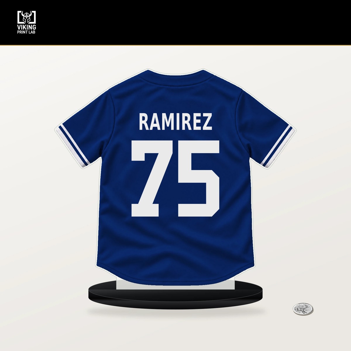 Pedro Ramirez number 75 Chicago Cubs jersey stand with included black base.