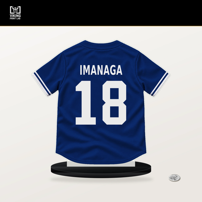 Shota Imanaga number 18 Chicago Cubs jersey stand with included black base.