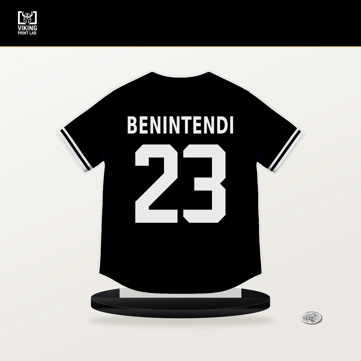 Andrew Benintendi number 23 Chicago White Sox jersey stand with included black base.