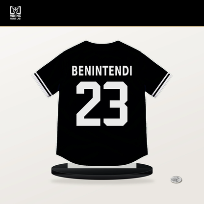 Andrew Benintendi number 23 Chicago White Sox jersey stand with included black base.